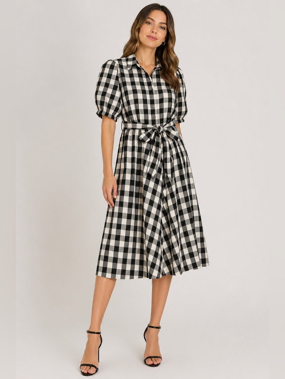 Gracia Black/White Gingham Puff Sleeve Dress Size L